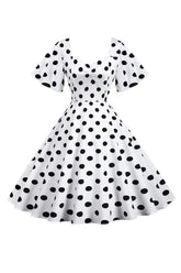 Polka Dots Weißes Vintage-Kleid mit kurzen Ärmeln